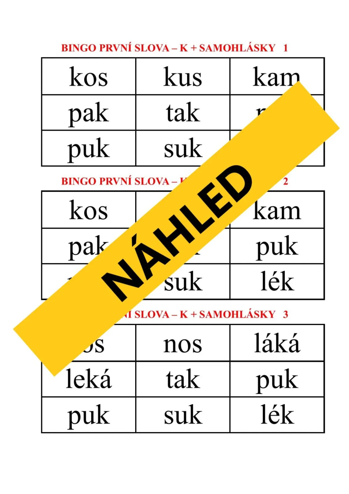 BINGO – ČTENÍ PRVNÍCH SLOV Z PÍSMEN – y, n, z, d + samohlásky – náhled 3