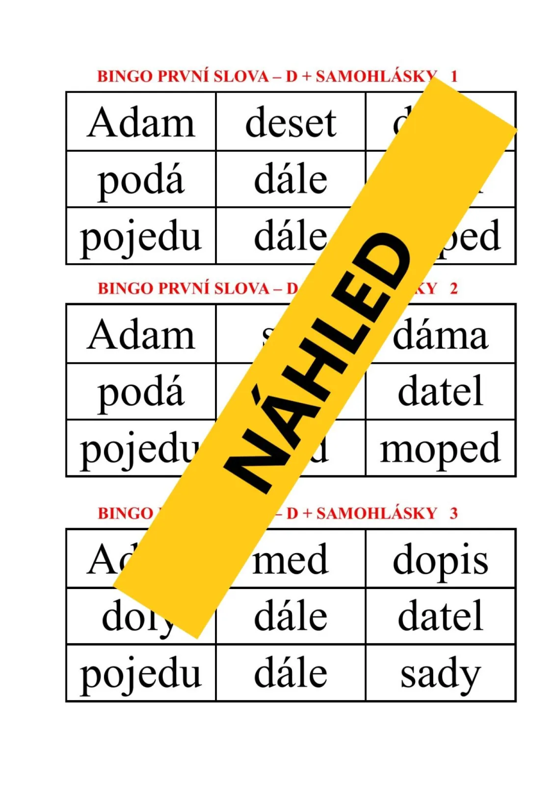 BINGO – ČTENÍ PRVNÍCH SLOV Z PÍSMEN – y, n, z, d + samohlásky – náhled 4
