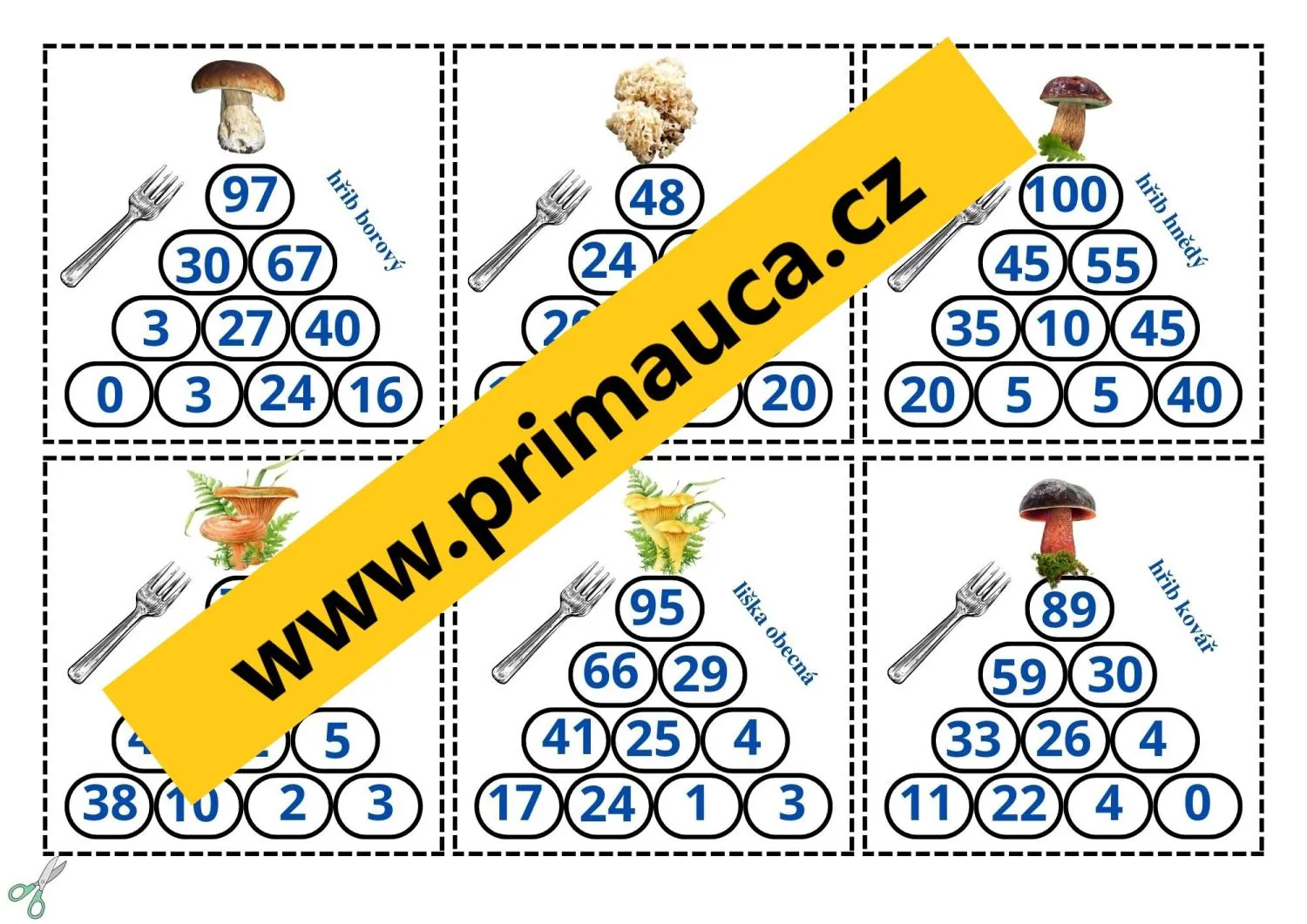 Matematické sčítací pyramidy  do 100 + učíme se poznat HOUBY – náhled 5