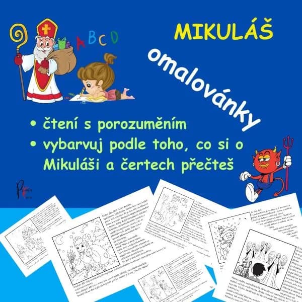MIKULÁŠ - ČTENÍ S POROZUMĚNÍM S OMALOVÁNKY - Přečti si pozorně a vybarvuj!