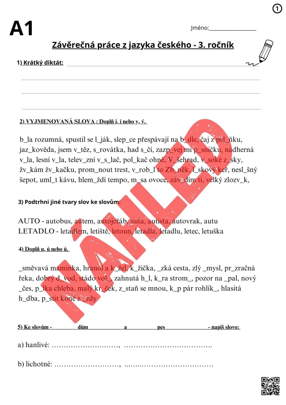 PÍSEMNÉ PRÁCE NA KONEC ŠKOLNÍHO ROKU - VARIANTY PRO DĚTI S SPU - čjl - 3. třída – náhled 2