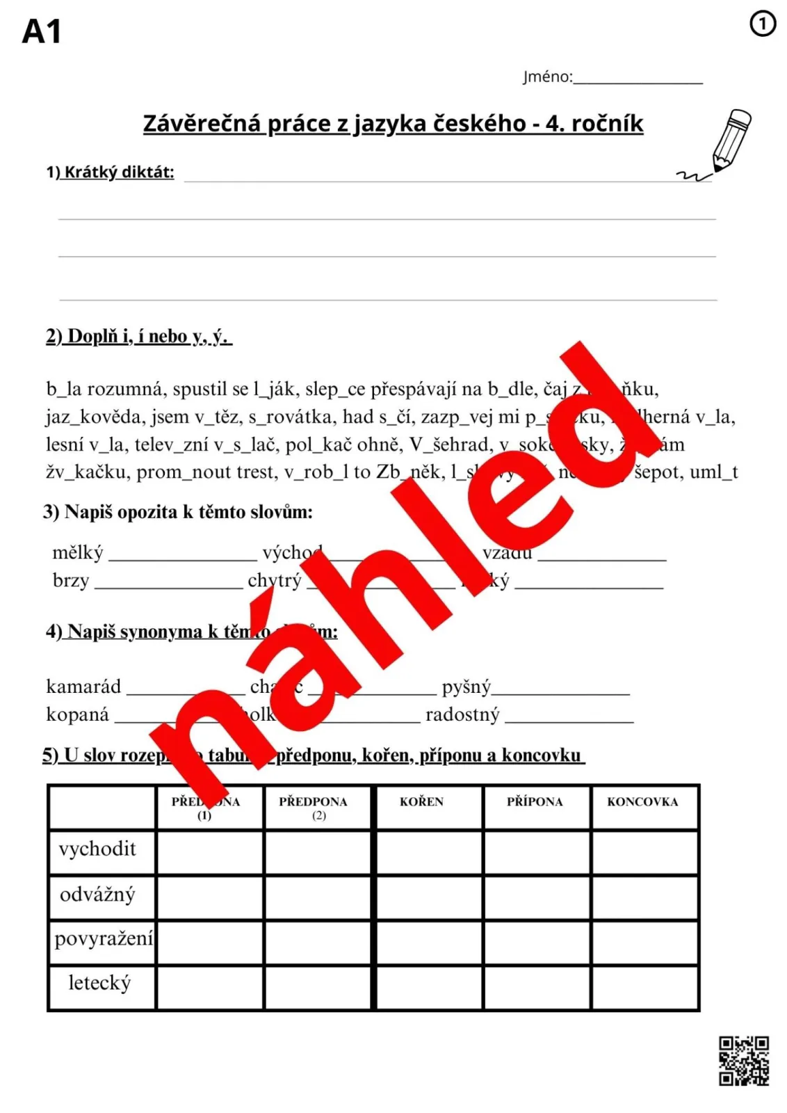 PÍSEMNÉ PRÁCE NA KONEC ŠKOLNÍHO ROKU - VARIANTY PRO DĚTI S SPU - čjl - 4. třída – náhled 2