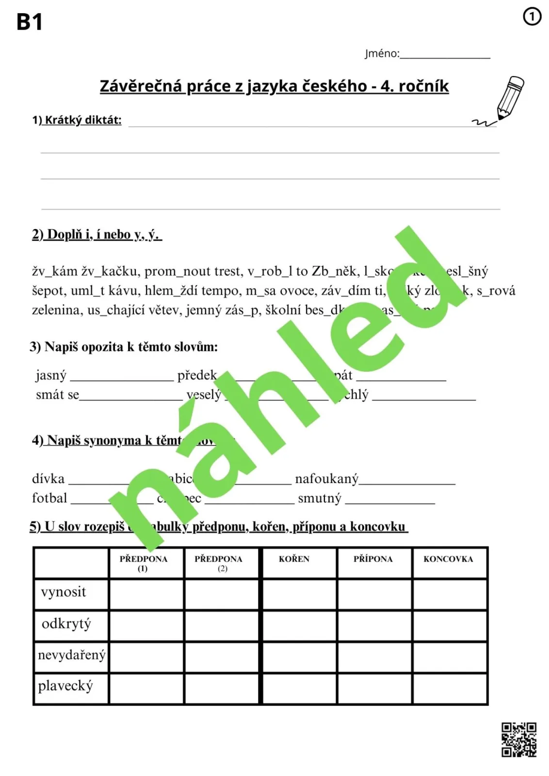 PÍSEMNÉ PRÁCE NA KONEC ŠKOLNÍHO ROKU - VARIANTY PRO DĚTI S SPU - čjl - 4. třída – náhled 11