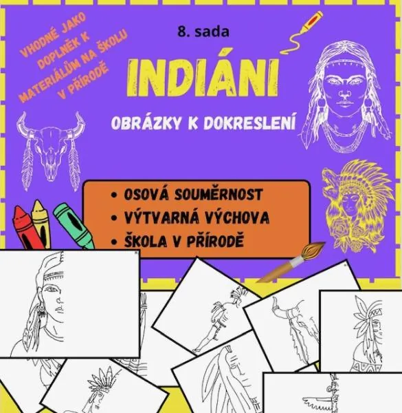 INDIÁNI - OBRÁZKY K DOKRESLENÍ - OSOVÁ SOUMĚRNOST - 8. sada – ukázka 1