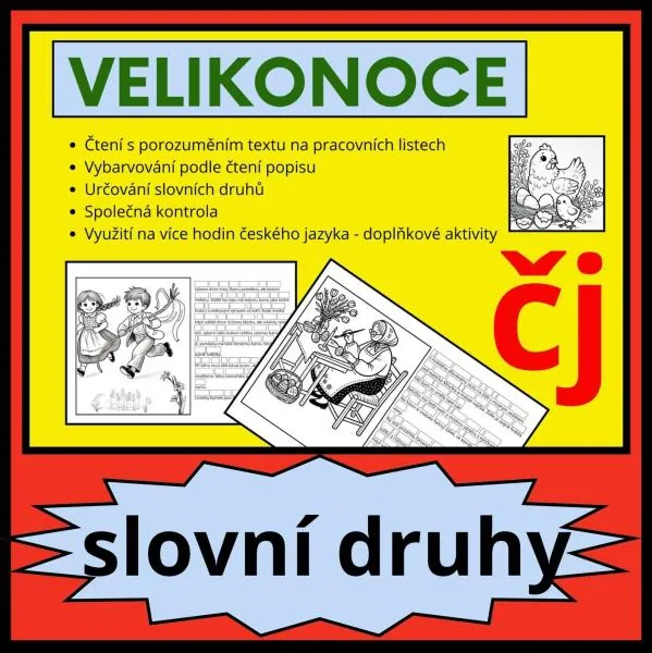 SLOVNÍ DRUHY - VELIKONOCE - ČTENÍ S POROZUMĚNÍM A VYBARVOVÁNÍ